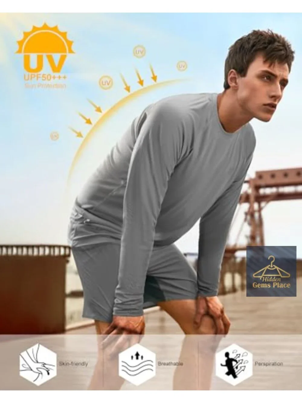 UPF 50+ Long Sleeve Rash Guard Shirt Men UV Quick Dry Sun Protection